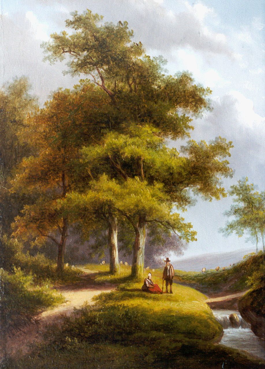 Morel II J.E.  | Jan Evert Morel II, Travellers near a stream, oil on panel 20.4 x 15.1 cm, signed l.l.