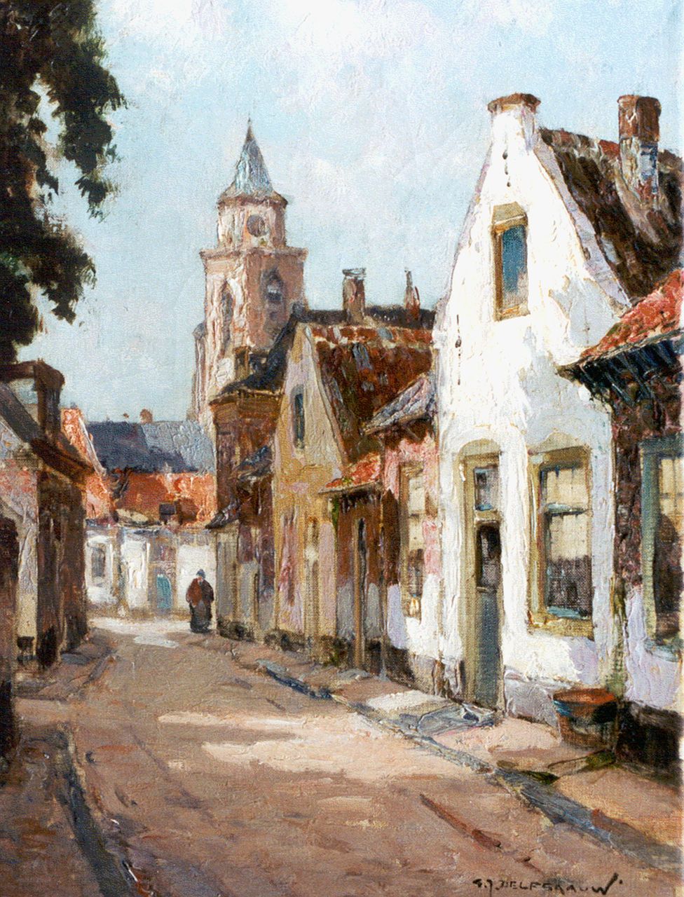 Delfgaauw G.J.  | Gerardus Johannes 'Gerard' Delfgaauw, A sunlit street, oil on canvas 40.1 x 30.4 cm, signed l.r.