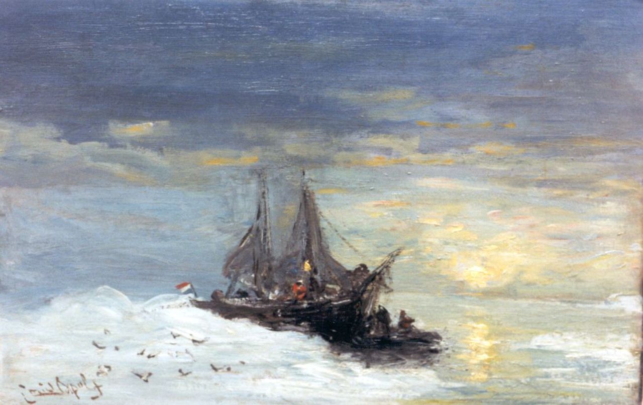 Apol L.F.H.  | Lodewijk Franciscus Hendrik 'Louis' Apol, Shipping by Spitsbergen, oil on canvas laid down on board 30.5 x 47.5 cm, signed l.l.