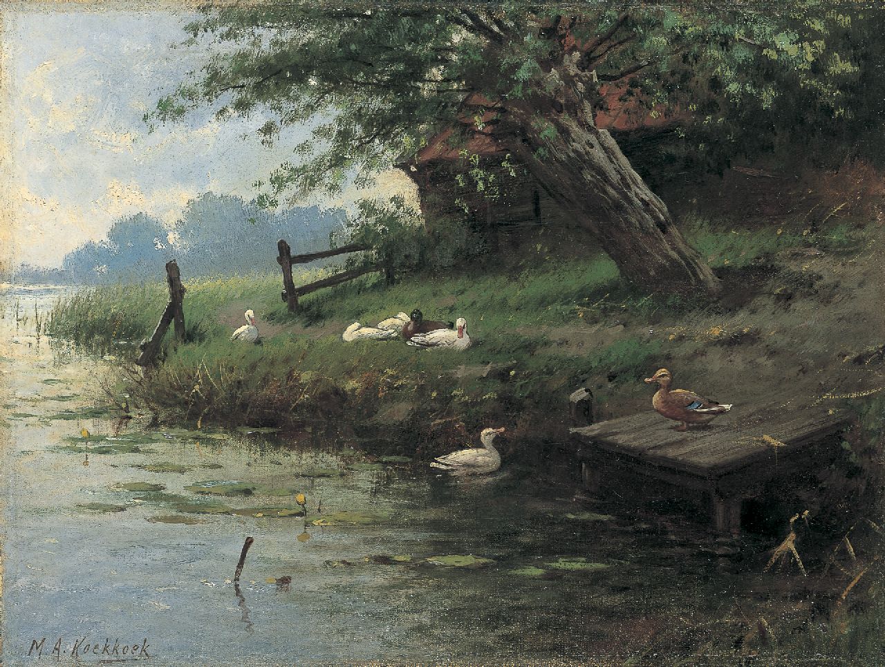Koekkoek II M.A.  | Marinus Adrianus Koekkoek II, Ducks on the riverbank, oil on canvas 27.4 x 36.7 cm, signed l.l.