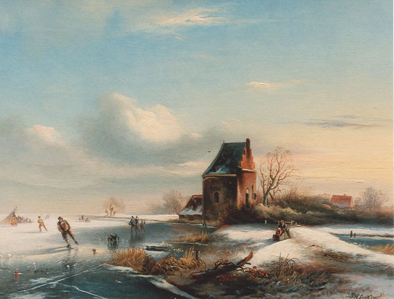 Sijpkens F.H.  | Ferdinand Hendrik Sijpkens, Skaters on a frozen waterway, oil on panel 23.0 x 30.0 cm, signed l.r.