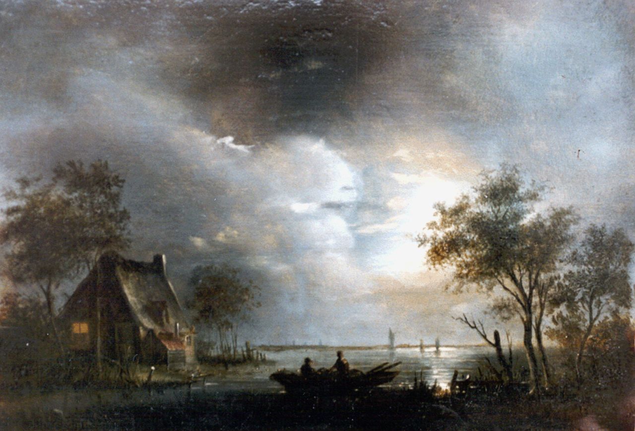 Cate H.G. ten | Hendrik Gerrit ten Cate, Fishermen in a moonlit landscape, oil on panel 20.7 x 30.0 cm, signed l.r.