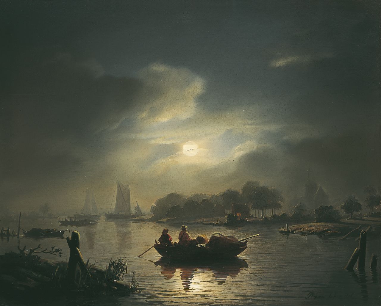 Schendel P. van | Petrus van Schendel, A moonlit  river landscape, oil on panel 31.9 x 40.0 cm, signed l.r. and dated '46