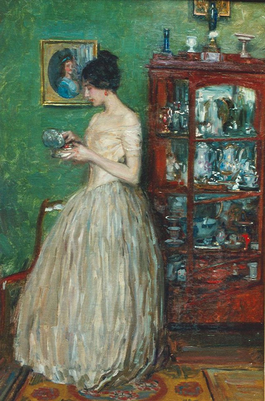 Skarbina F.  | Franz Skarbina, Elegant lady in an evening dress, oil on canvas 63.5 x 43.0 cm, signed l.l.