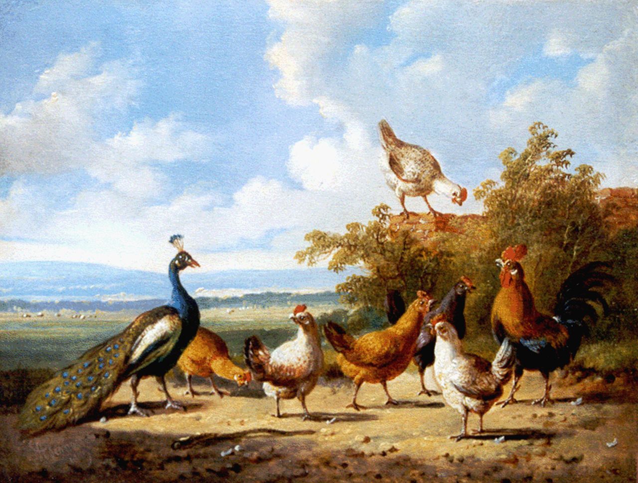 Verhoesen A.  | Albertus Verhoesen, A landscape with poultry and a peacock, oil on panel 14.6 x 19.1 cm, signed l.l. and dated 1879