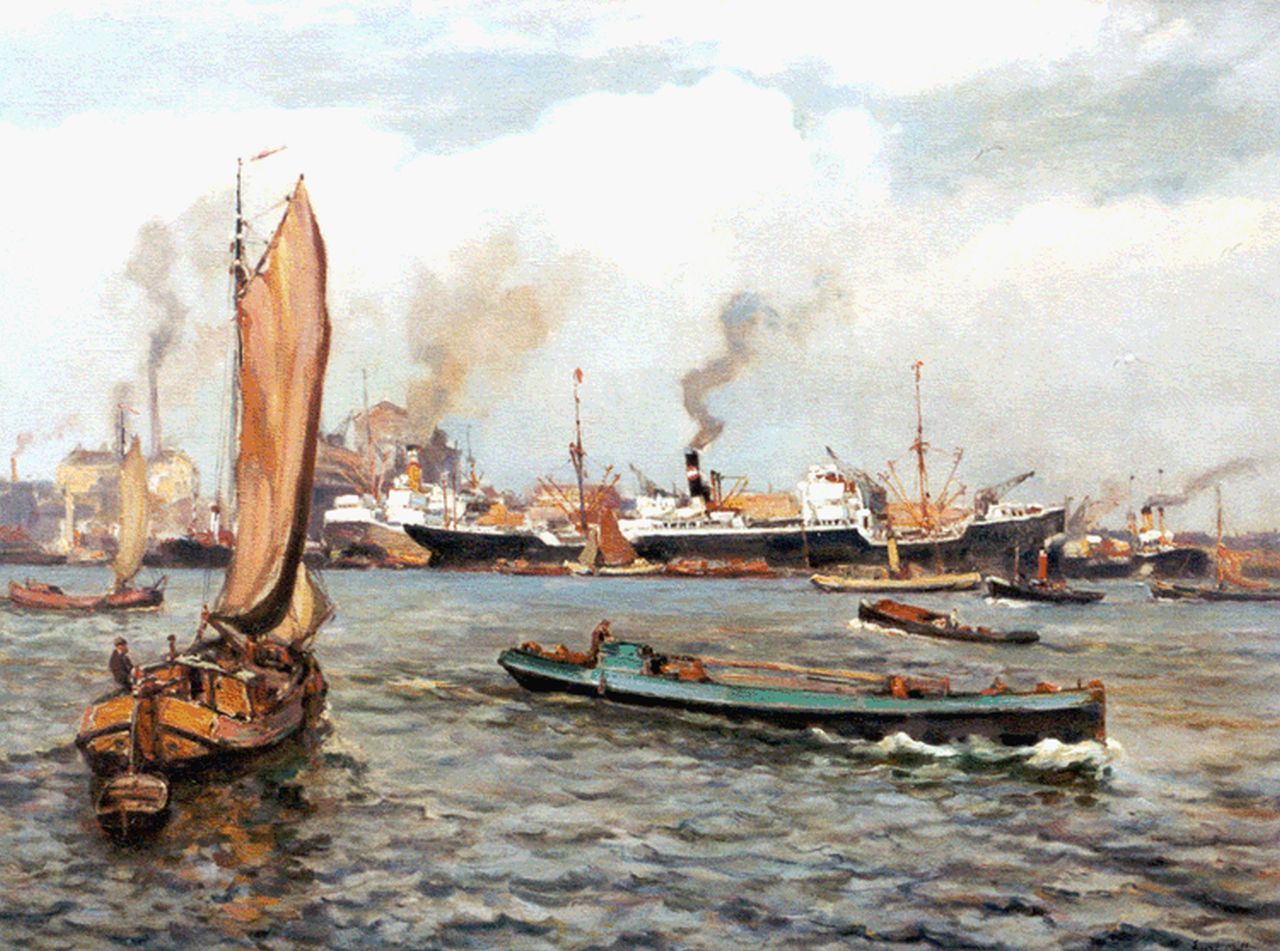 Moll E.  | Evert Moll, A harbour view, Rotterdam, oil on canvas 60.3 x 79.1 cm, signed l.r.