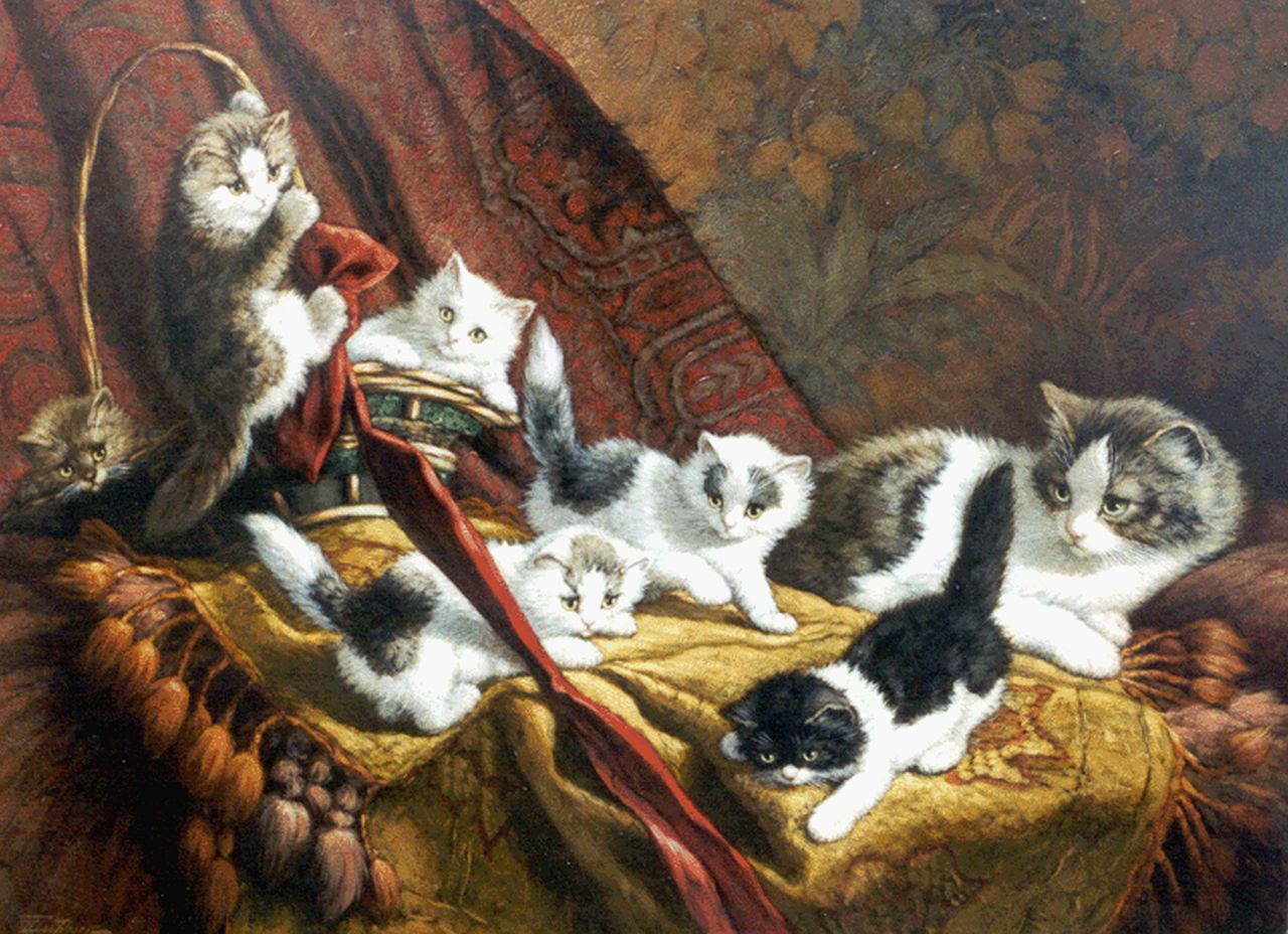 Raaphorst C.  | Cornelis Raaphorst, A cat with six kittens, oil on canvas 60.5 x 80.5 cm, signed l.l.