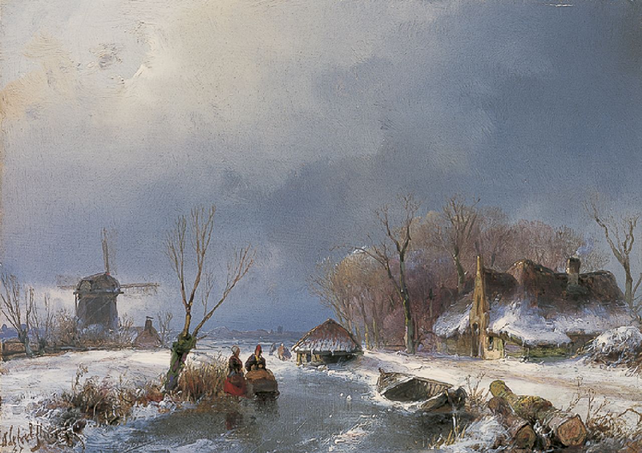 Schelfhout A.  | Andreas Schelfhout, A winter landscape with figures on the ice, oil on panel 14.0 x 19.5 cm, signed l.l. and dated '47
