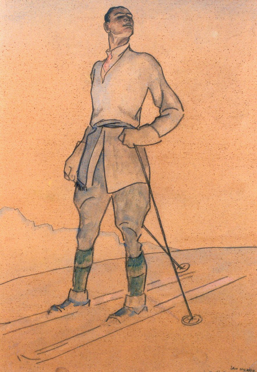 Sluiter J.W.  | Jan Willem 'Willy' Sluiter, Skier, St.-Moritz, pastel and watercolour on paper 43.0 x 32.5 cm, signed l.r. and dated 1-'21