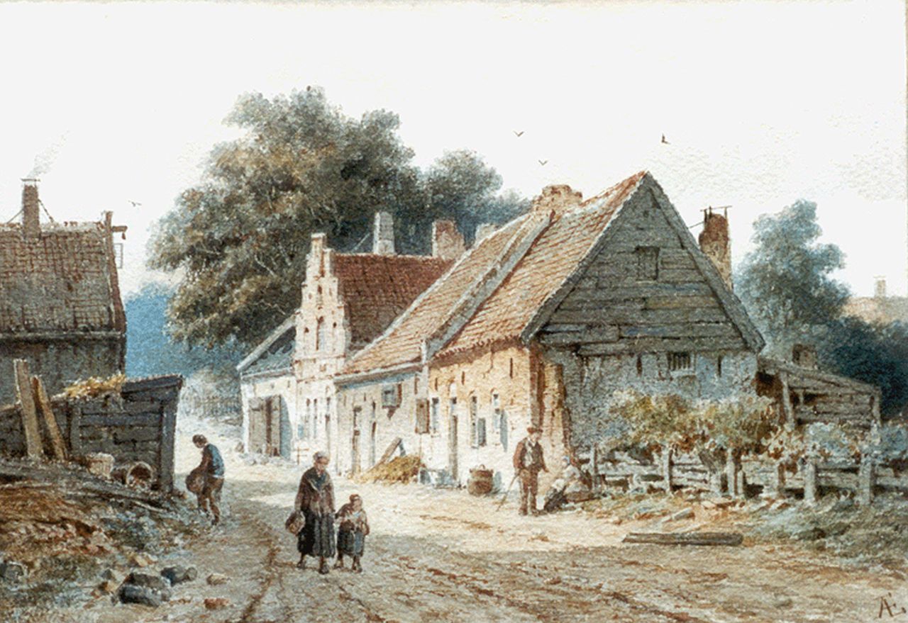 Eversen A.  | Adrianus Eversen, A country road with a farm and figures, near Nijmegen, watercolour on paper 20.2 x 30.0 cm, signed l.r. with monogram