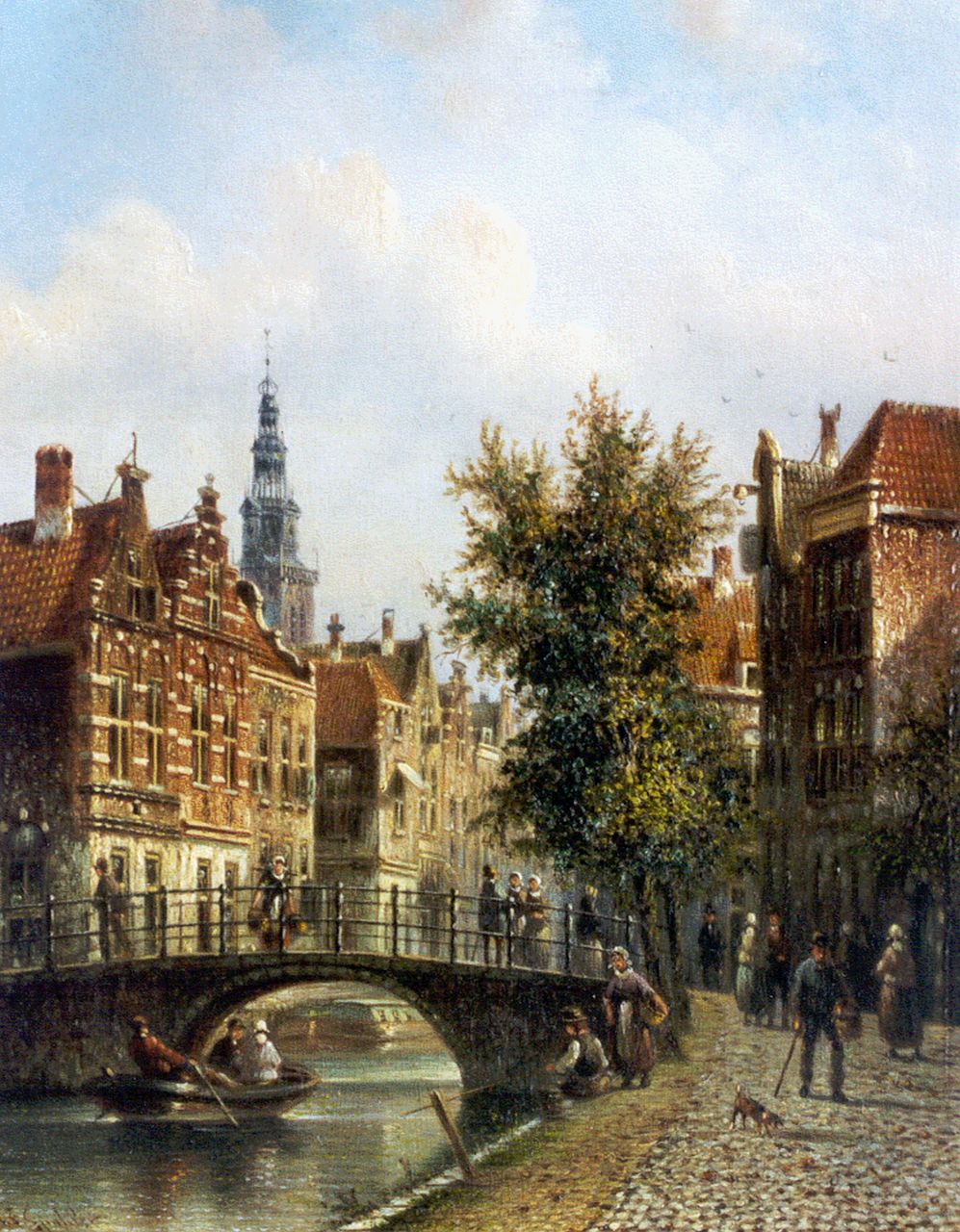 Spohler J.F.  | Johannes Franciscus Spohler, View of Amsterdam, with the Oude Kerk in the distance, oil on panel 20.3 x 15.7 cm, signed l.l.