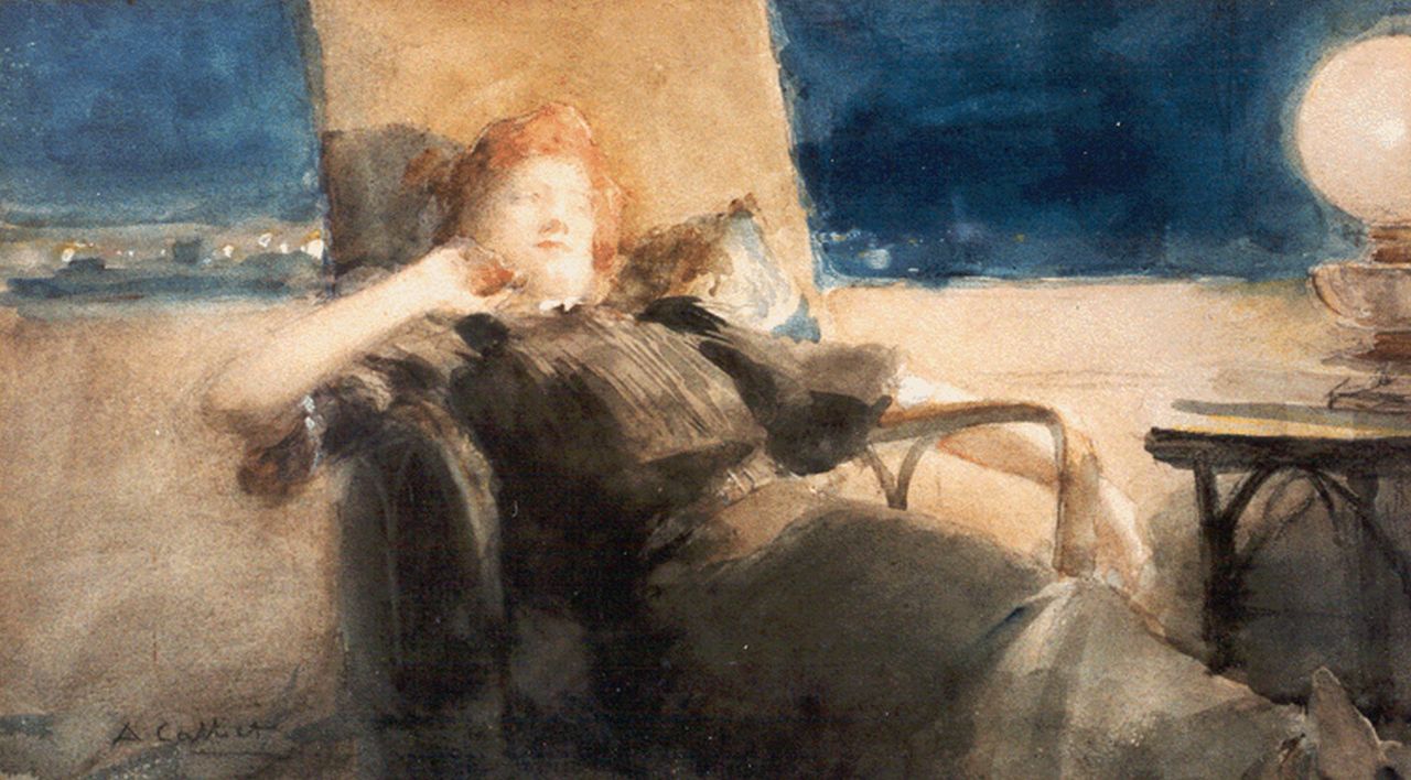 Calbet A.  | Antoine Calbet, An elegant lady sleeping, pastel and watercolour on paper 17.3 x 30.7 cm, signed l.l.