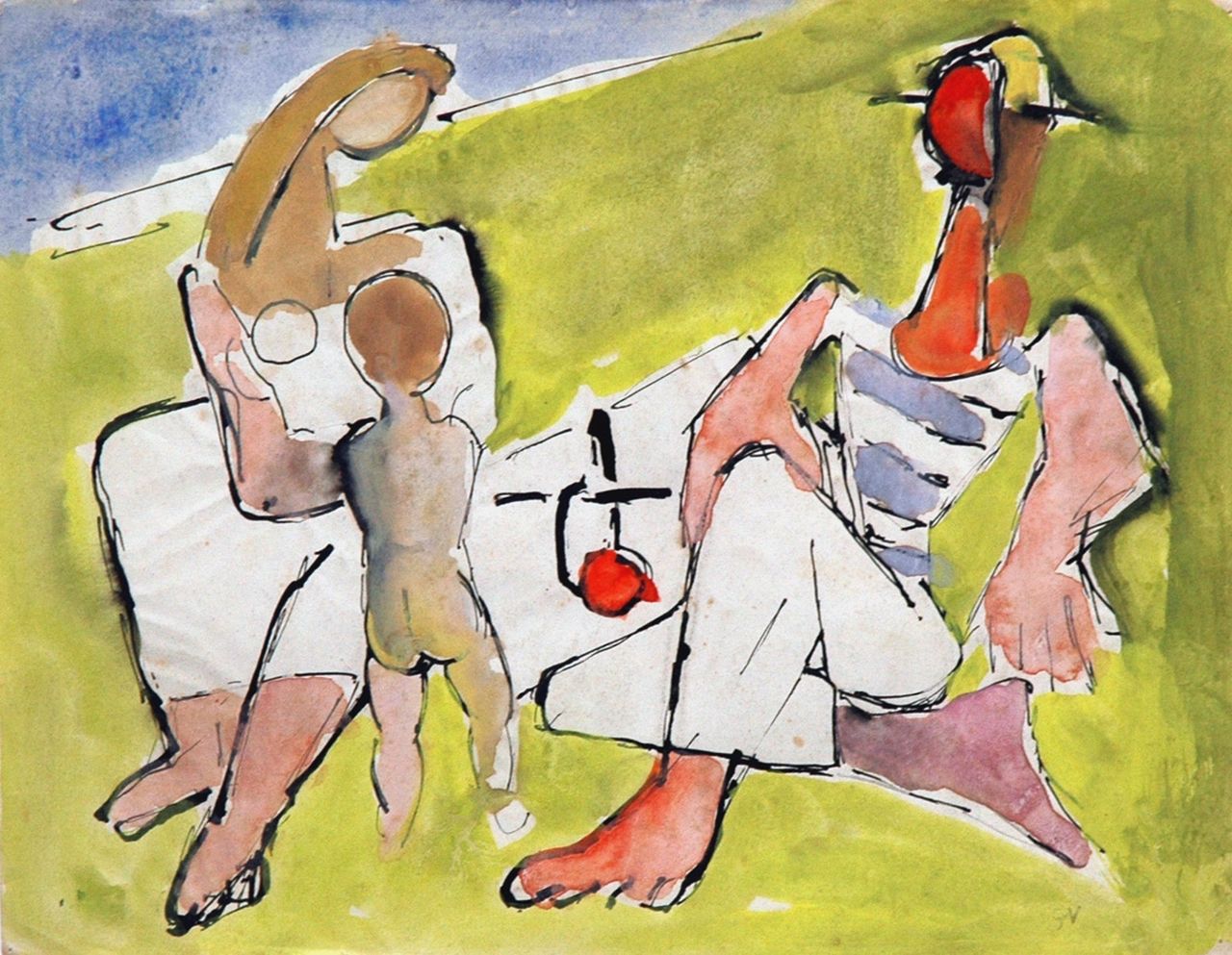 Velde G. van | Gerardus 'Geer' van Velde, A day at the beach, Indian ink and watercolour on paper 20.7 x 26.8 cm, signed l.r. with initials and painted circa 1944-1945