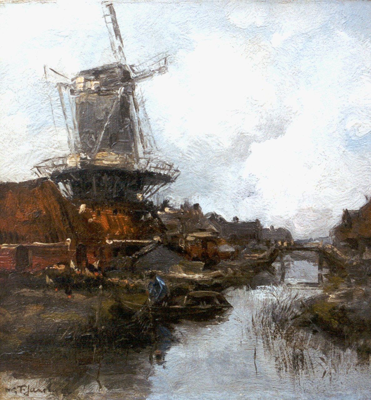 Jansen W.G.F.  | 'Willem' George Frederik Jansen, A windmill in a river landscape, oil on canvas 31.3 x 29.6 cm, signed l.l. and dated '22