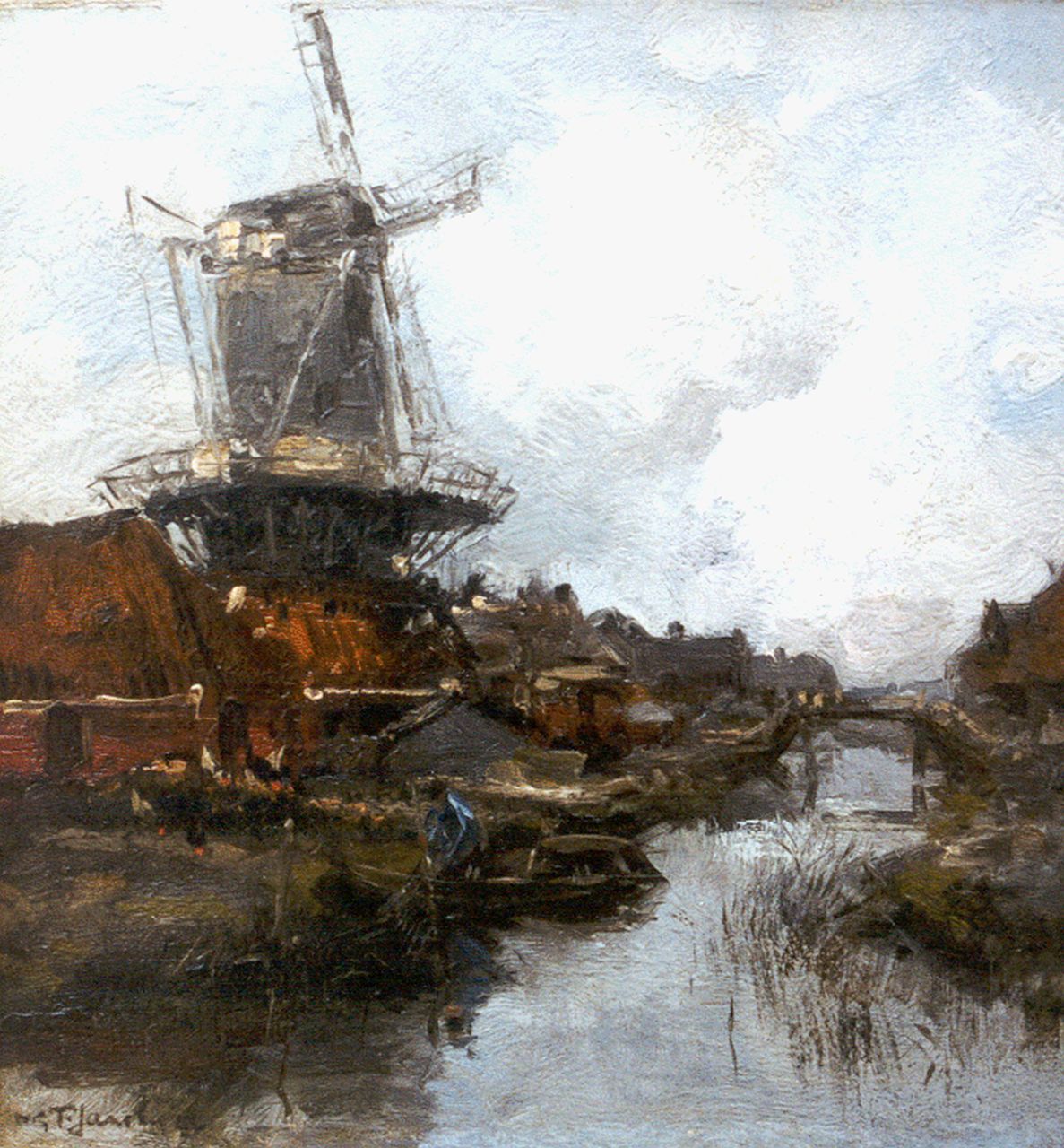 Jansen W.G.F.  | 'Willem' George Frederik Jansen, A windmill in a river landscape, oil on canvas 31.3 x 29.6 cm, signed l.l. and dated '22