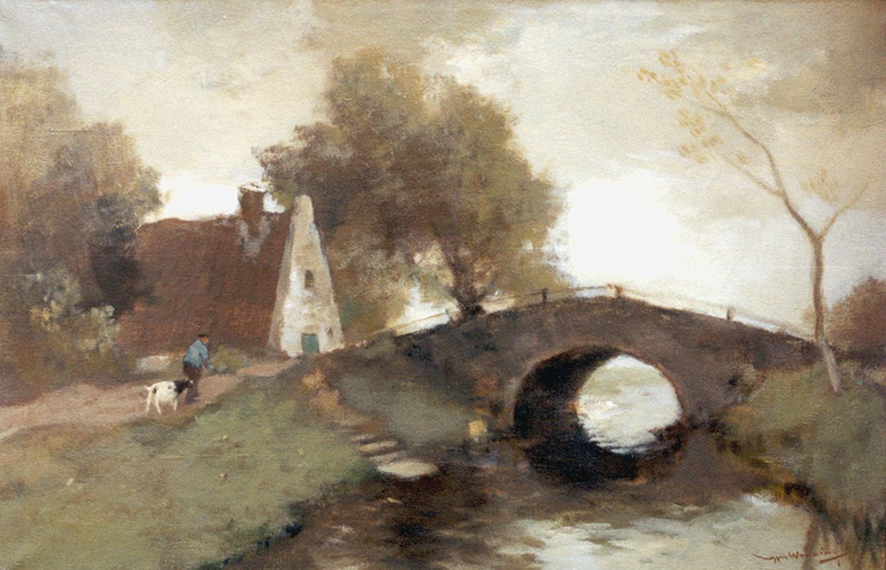 Wenning IJ.H.  | IJpe Heerke 'Ype' Wenning, A farmer and his goat near an arched bridge, oil on canvas 39.8 x 60.3 cm, signed l.r.
