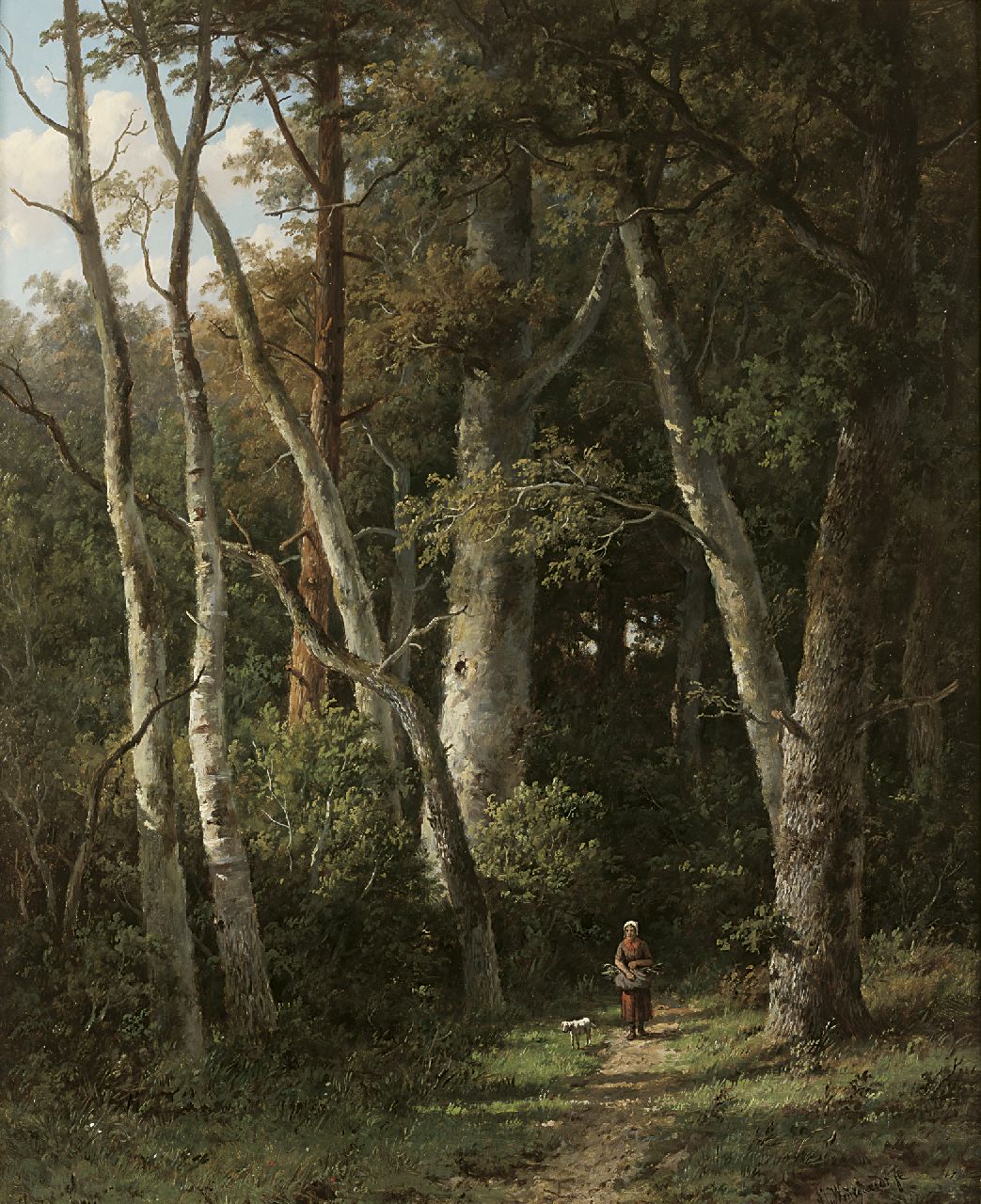 Wijngaerdt A.J. van | Anthonie Jacobus van Wijngaerdt, Gathering wood on a forest path, oil on panel 66.2 x 54.0 cm, signed l.r.