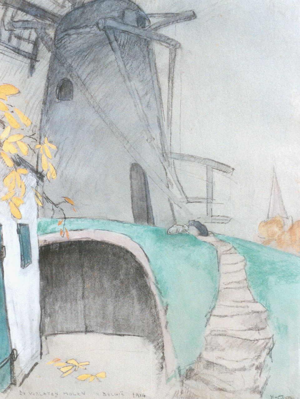 Gestel L.  | Leendert 'Leo' Gestel, A windmill, Belgium, black chalk, watercolour and pastel on paper 51.0 x 38.5 cm, signed l.r. and dated 1914