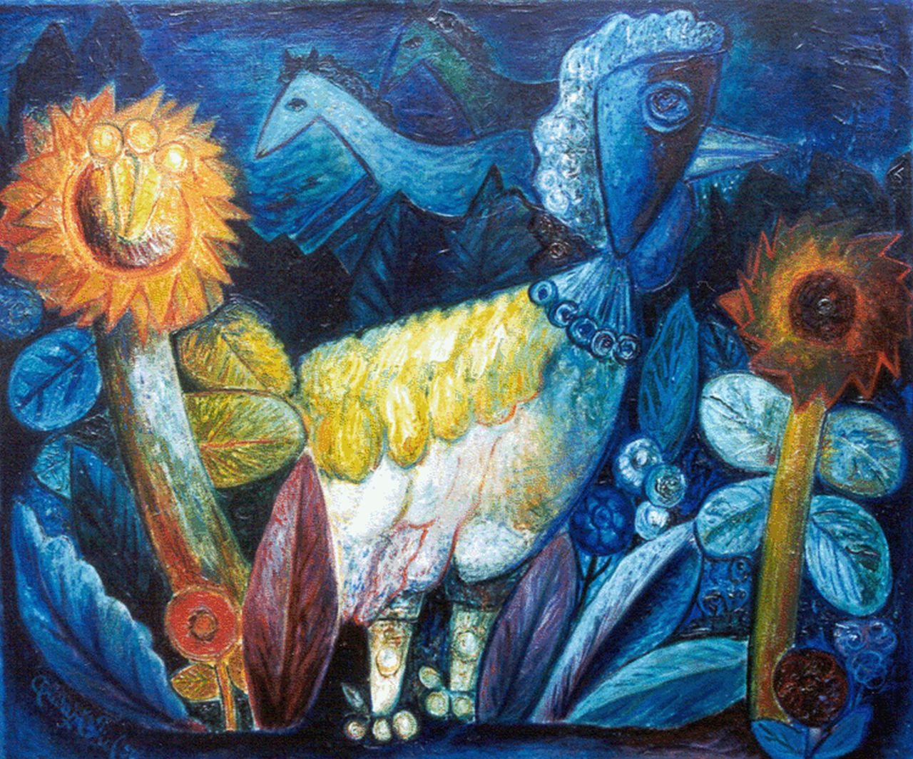 Tiel Q.M.A. van | Quirijn Martinus Adrianus 'Quiryn' van Tiel, Bird and sunflowers, oil on canvas 79.8 x 95.0 cm, signed l.l. and dated '50