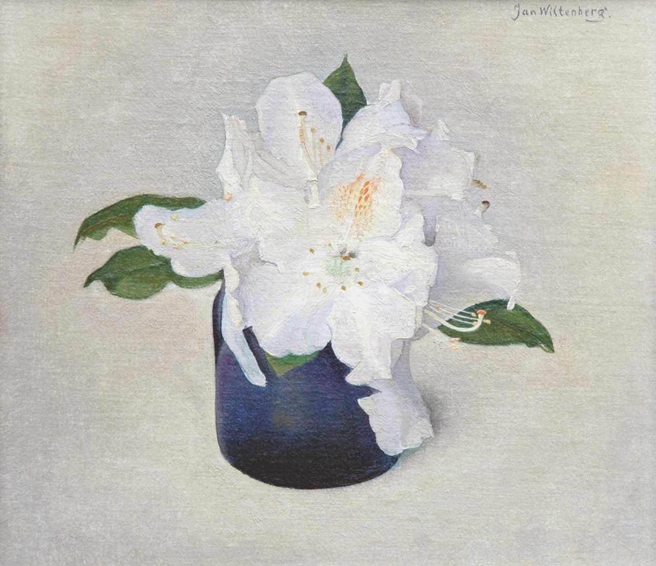 Wittenberg J.H.W.  | 'Jan' Hendrik Willem Wittenberg, White rododendron in a blue vase, oil on canvas laid down on panel 20.6 x 23.5 cm, signed u.r. and reverse