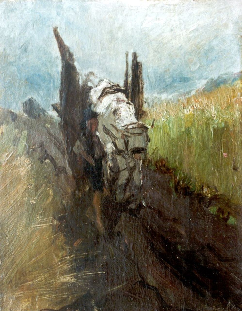 Maris W.  | Willem Maris, Farmer with cattle on a country road, oil on paper laid down on panel 22.1 x 17.2 cm, signed l.l.