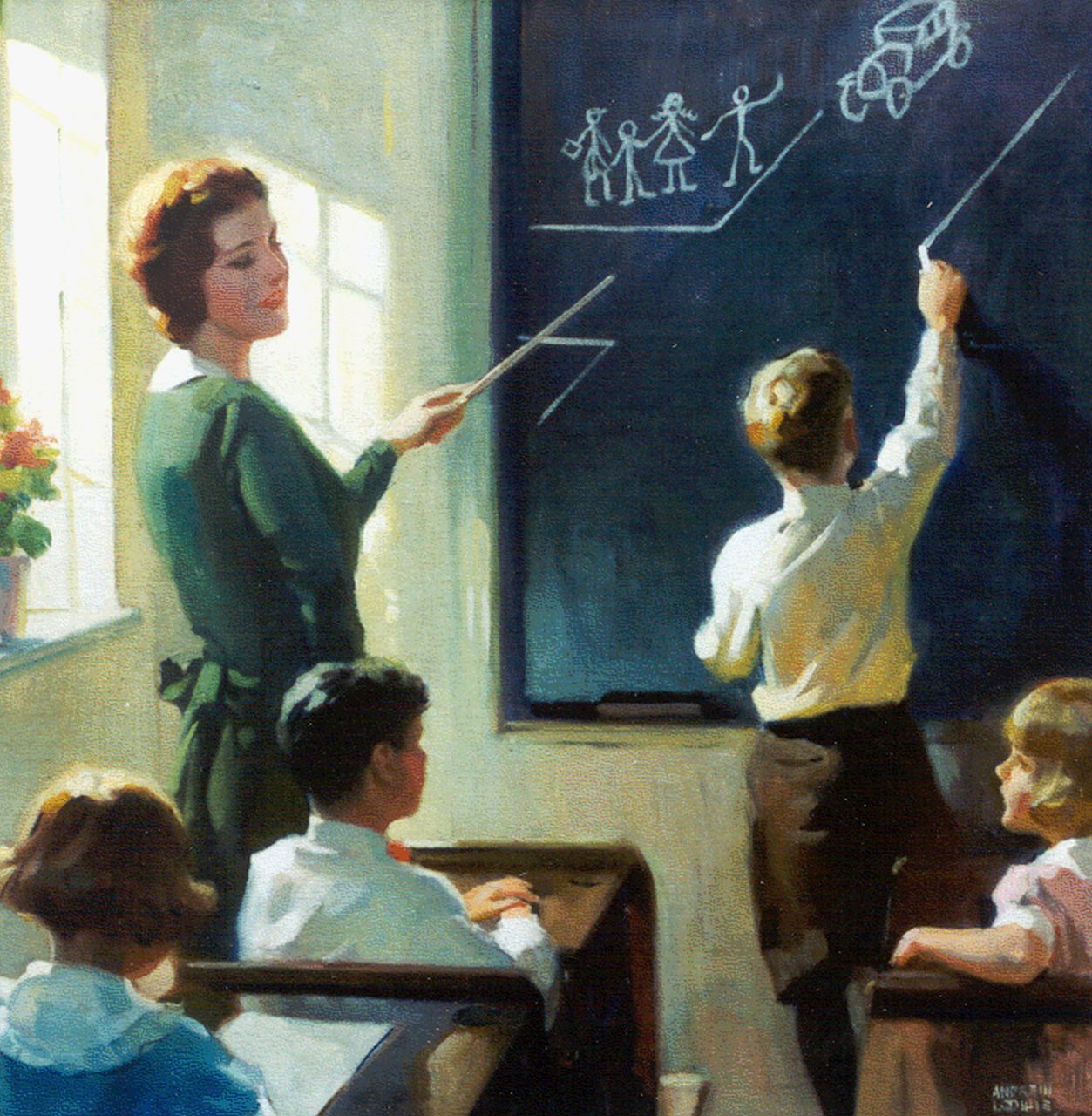 Andrew Loomis | Learning the traffic rules, oil on canvas laid down on painter's board, 54.8 x 53.3 cm, signed l.r.
