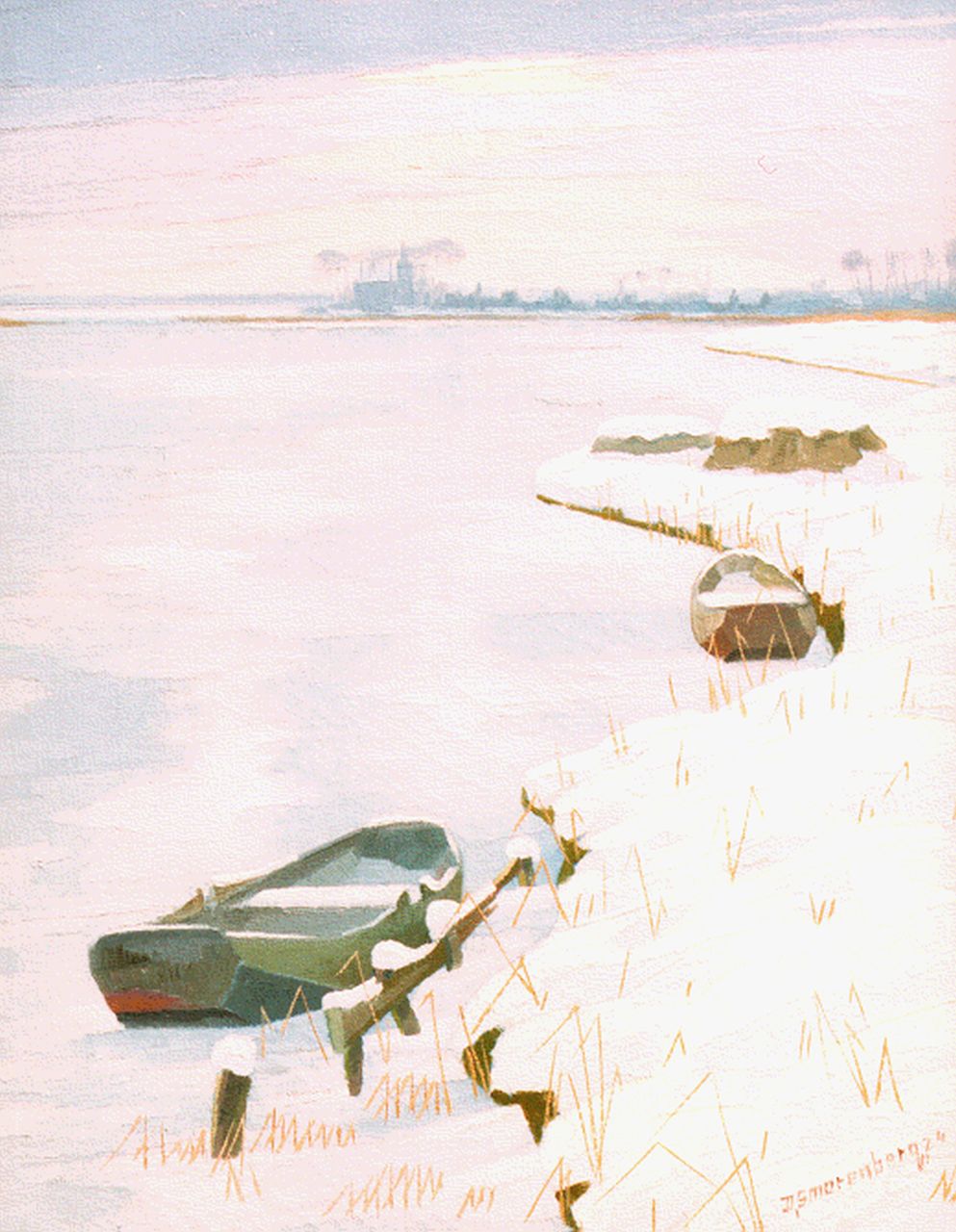 Smorenberg D.  | Dirk Smorenberg, A winter landscape with moored barges, oil on canvas 44.3 x 34.6 cm, signed l.r. and dated '24