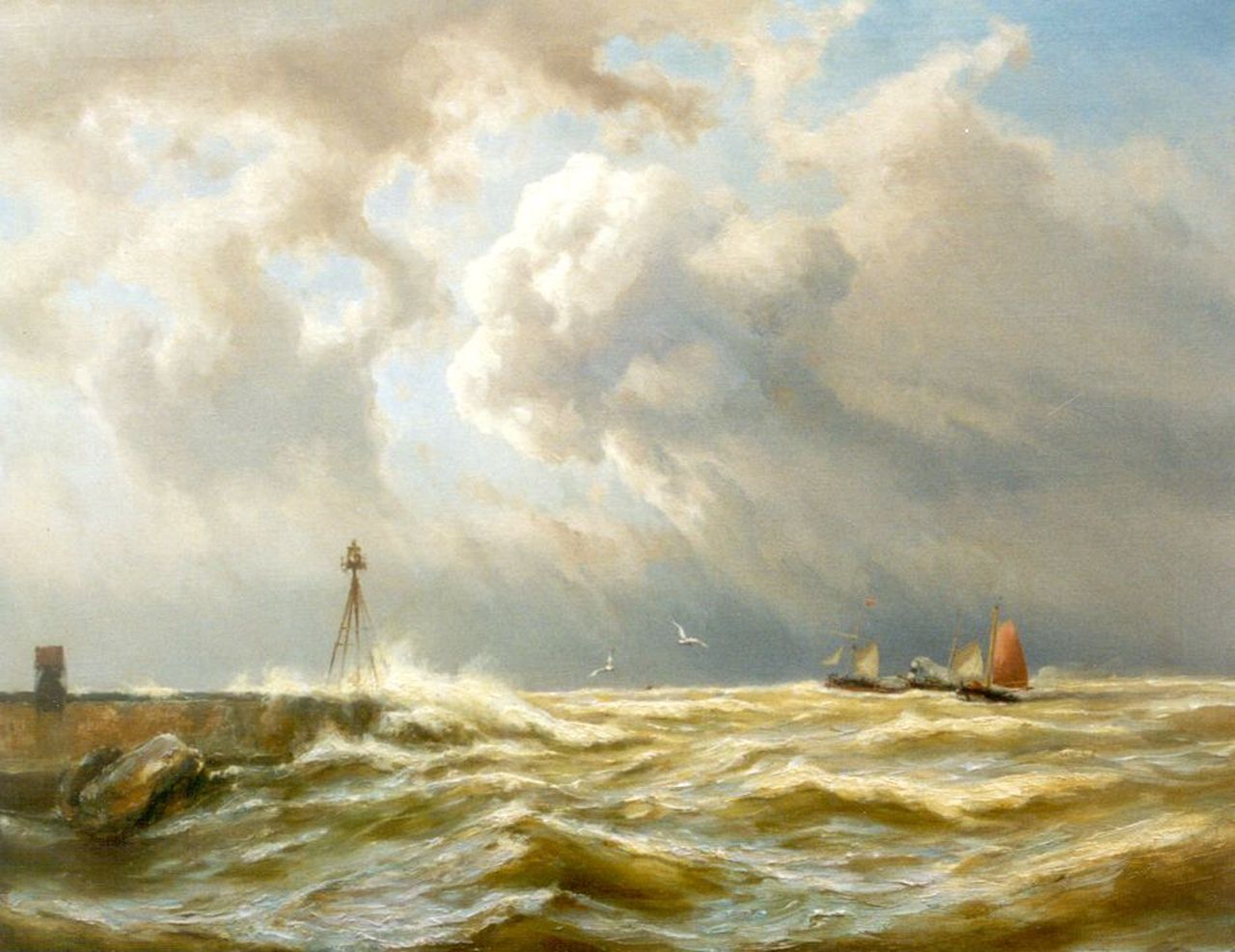 Koekkoek J.H.B.  | Johannes Hermanus Barend 'Jan H.B.' Koekkoek, Sailing vessels and a paddle-steamer on stormy seas near IJmuiden, oil on canvas 63.5 x 80.5 cm, signed l.l.
