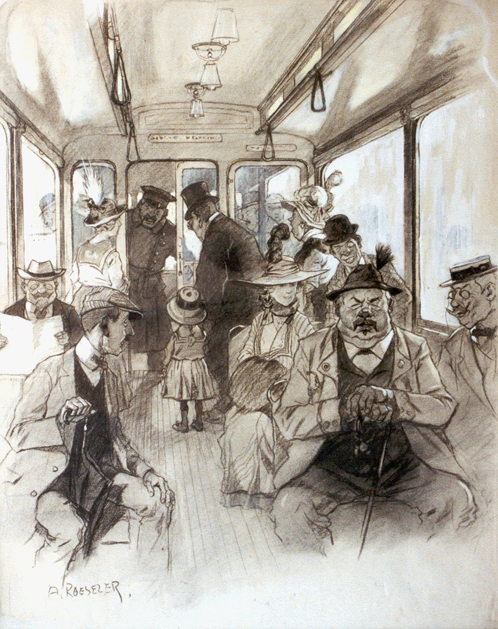Roeseler A.  | August Roeseler, Grandfather and child in a tram, gouache and charcoal on paper 69.0 x 54.0 cm, signed l.l.