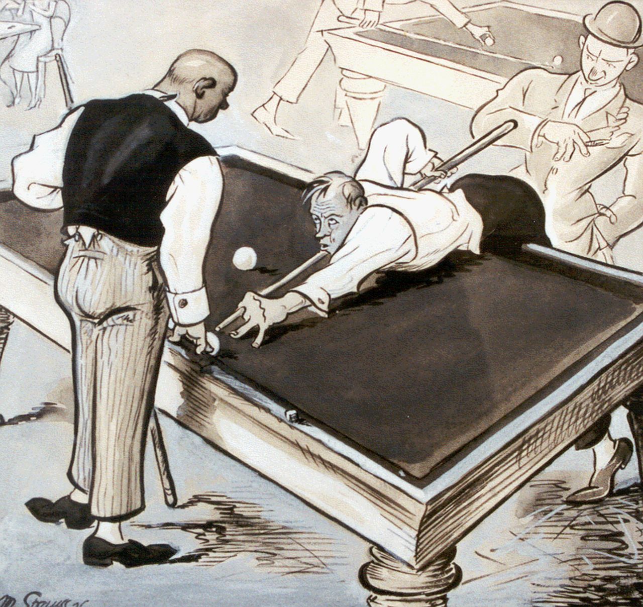 Strauss M.  | Strauss, Billiards, gouache on paper 25.7 x 27.7 cm, signed l.l. and dated '26 on the reverse