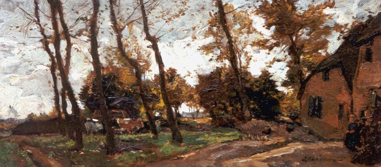 Akkeringa J.E.H.  | 'Johannes Evert' Hendrik Akkeringa, A farm in autumn, oil on panel 18.7 x 40.1 cm, signed l.r.