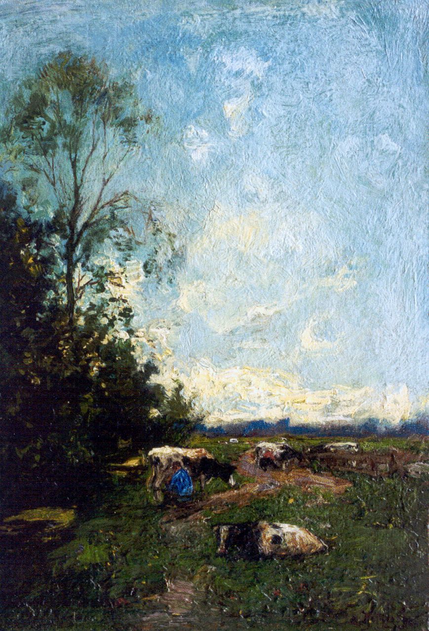 Koppenol C.  | Cornelis 'Kees' Koppenol, Milking the cows, oil on canvas laid down on panel 21.6 x 15.8 cm, signed l.r.