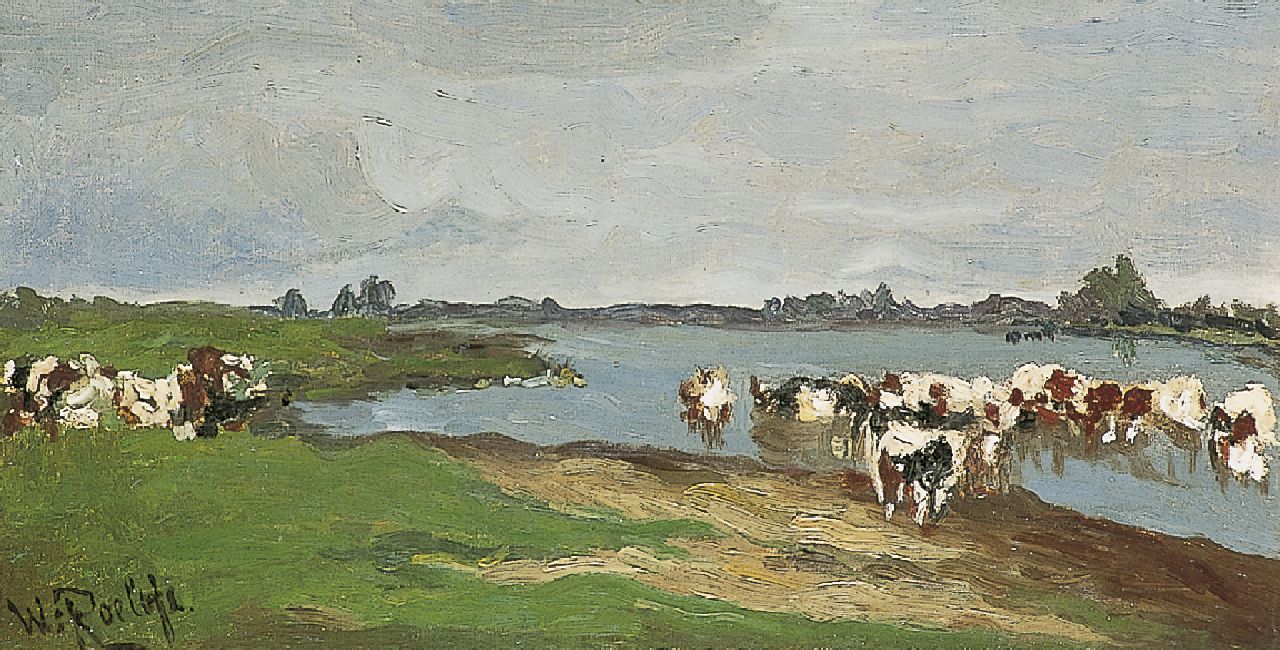 Roelofs W.  | Willem Roelofs, Cows on the riverbank, oil on canvas 24.0 x 44.2 cm, signed l.l.