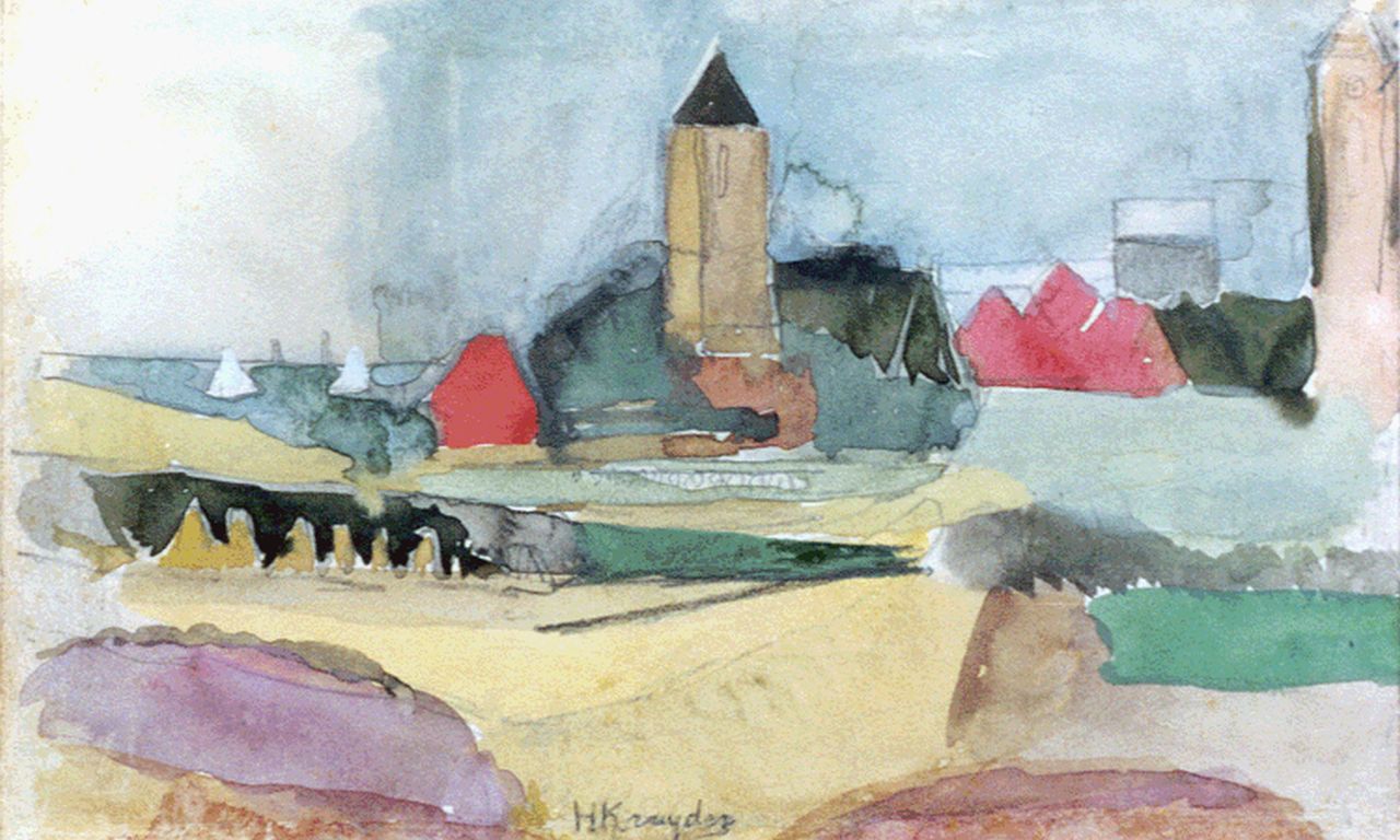 Kruyder H.J.  | 'Herman' Justus Kruyder, A view of huizen in summer, black chalk and watercolour on paper 11.9 x 19.4 cm, signed l.c.