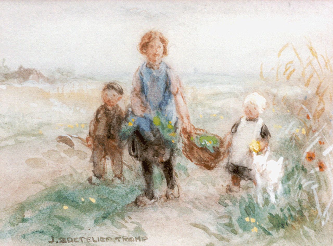 Zoetelief Tromp J.  | Johannes 'Jan' Zoetelief Tromp, Gathering flowers, watercolour on paper 17.5 x 25.2 cm, signed l.l.