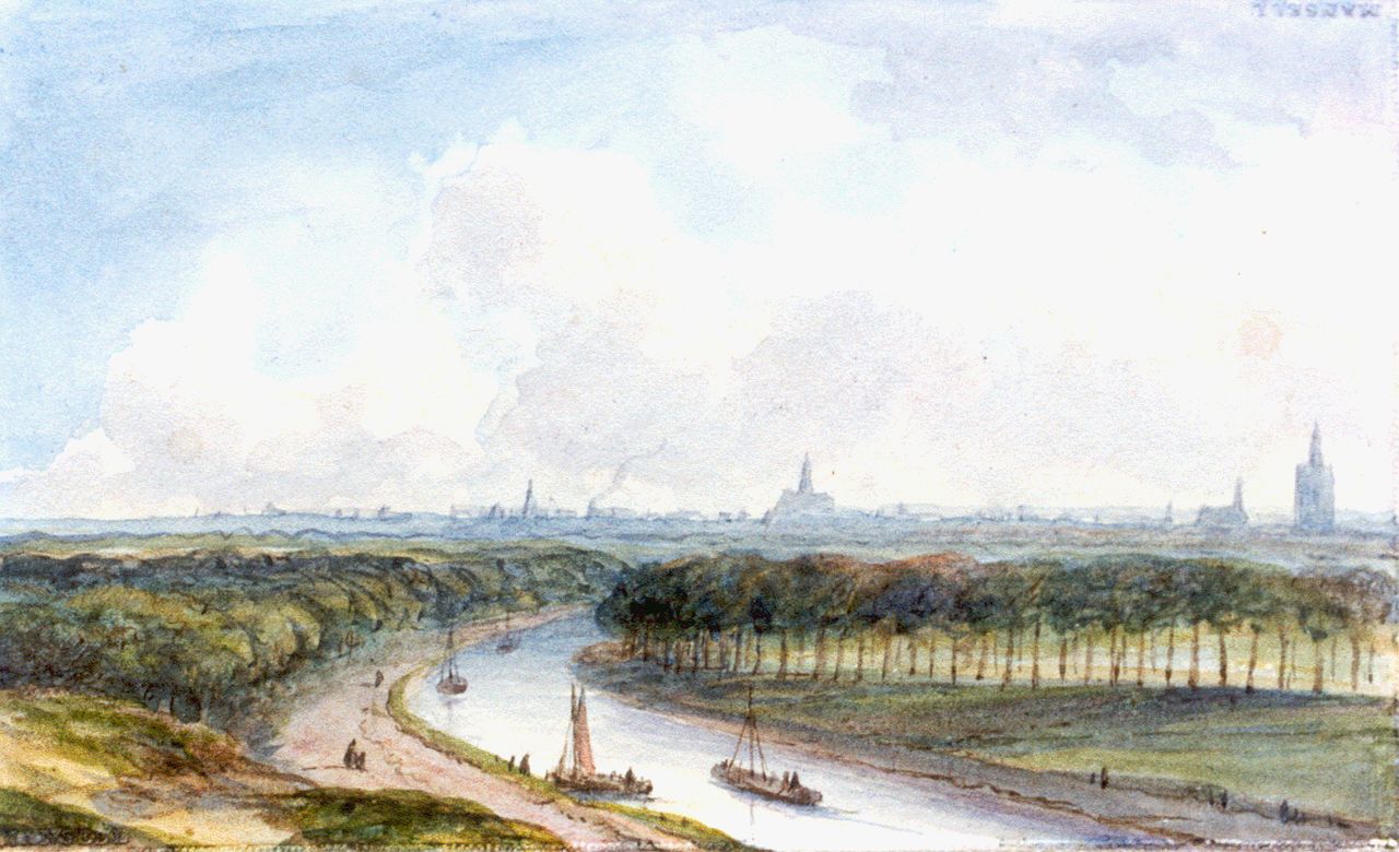 Kleijn L.J.  | Lodewijk Johannes Kleijn, A view of 'de Trekvliet', with the Hague in the distance, watercolour on paper 6.5 x 10.5 cm
