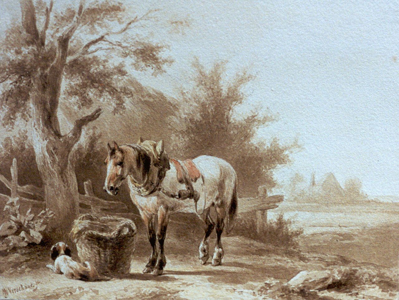 Verschuur W.  | Wouterus Verschuur, A horse and a dog in a landscape, ink on paper 13.7 x 18.0 cm, signed l.l.