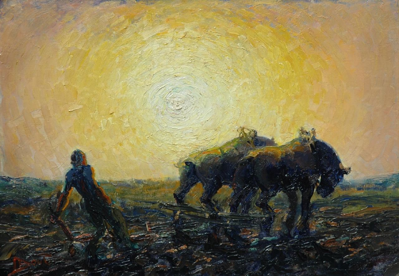 Bout J.D.  | Jan Daniël 'Daan' Bout, A ploughing farmer, oil on canvas 50.4 x 70.7 cm, signed l.l.