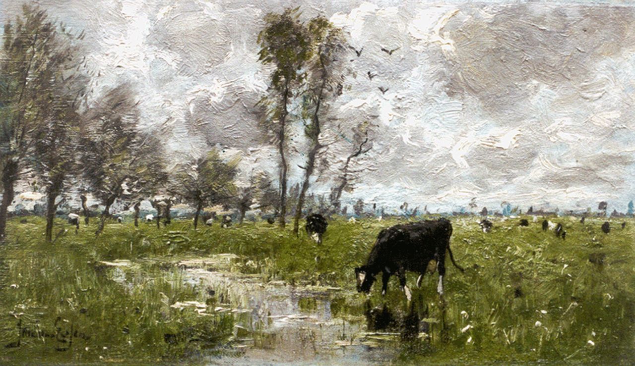 Essen J.C. van | Johannes Cornelis 'Jan' van Essen, A polder landscape with grazing cows, oil on canvas 17.3 x 29.0 cm, signed l.l.