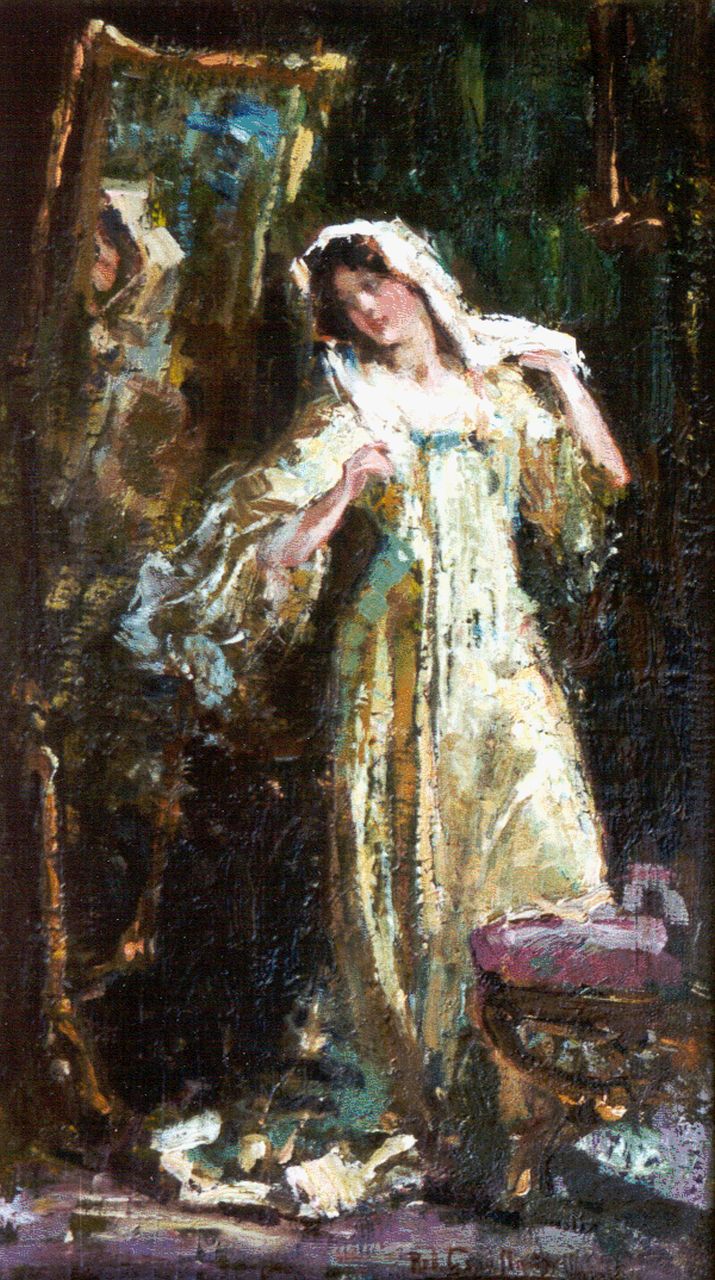 Graafland R.A.A.J.  | Robert Archibald Antonius Joan 'Rob' Graafland, An elegant lady by a toilet table, oil on canvas 36.8 x 21.5 cm, signed l.r. and dated 1912