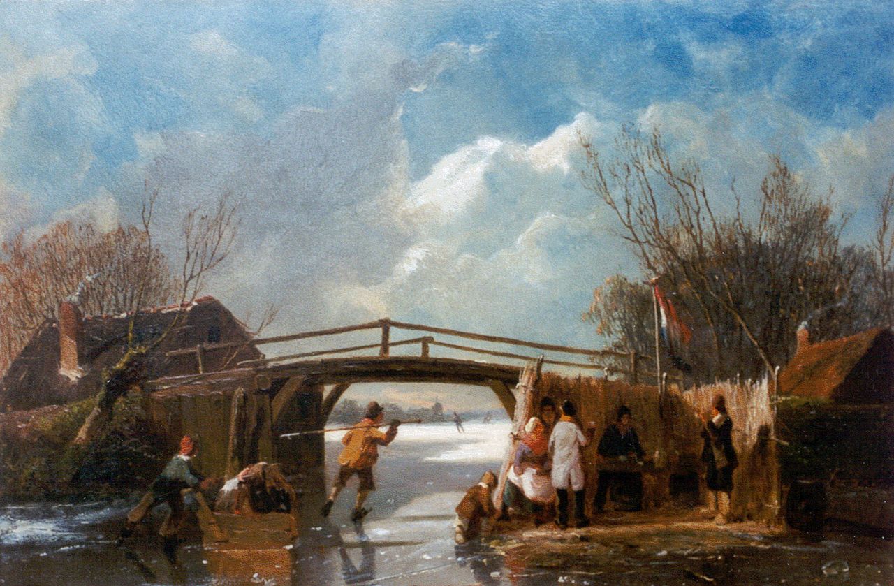 Borselen P. van | Pieter van Borselen, A winter landscape with skaters on the ice, oil on panel 30.1 x 44.5 cm, signed l.l. with initials