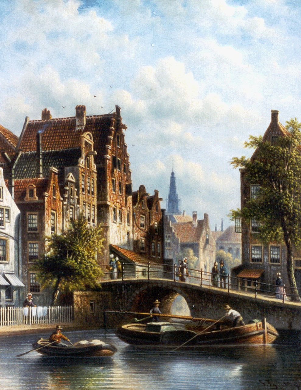 Spohler J.F.  | Johannes Franciscus Spohler, A sunlit town, with the Zuiderkerk, Amsterdam, oil on panel 26.2 x 20.7 cm, signed l.r.