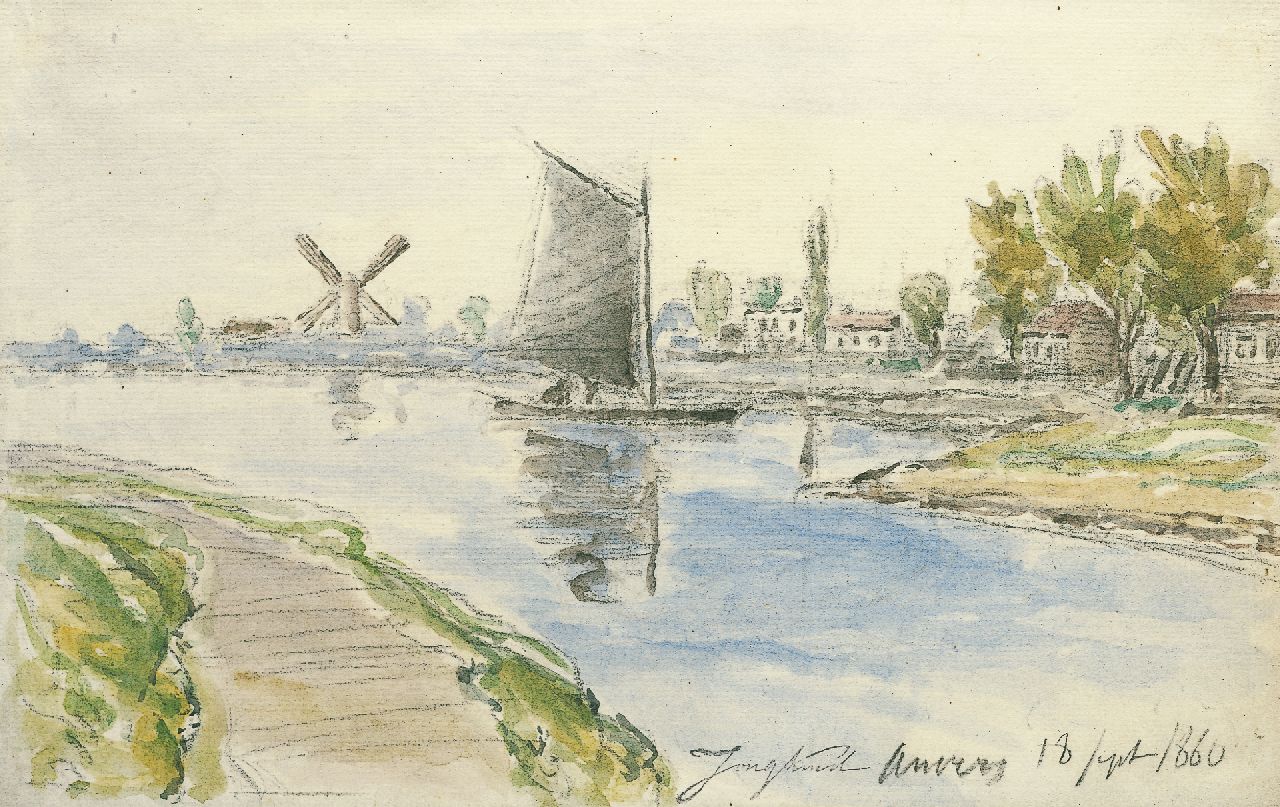 Jongkind J.B.  | Johan Barthold Jongkind, A river landscape, with a windmill in the distance, Antwerpen, chalk and watercolour on paper 20.0 x 30.0 cm, signed l.r. with artist's stamp and dated 1860