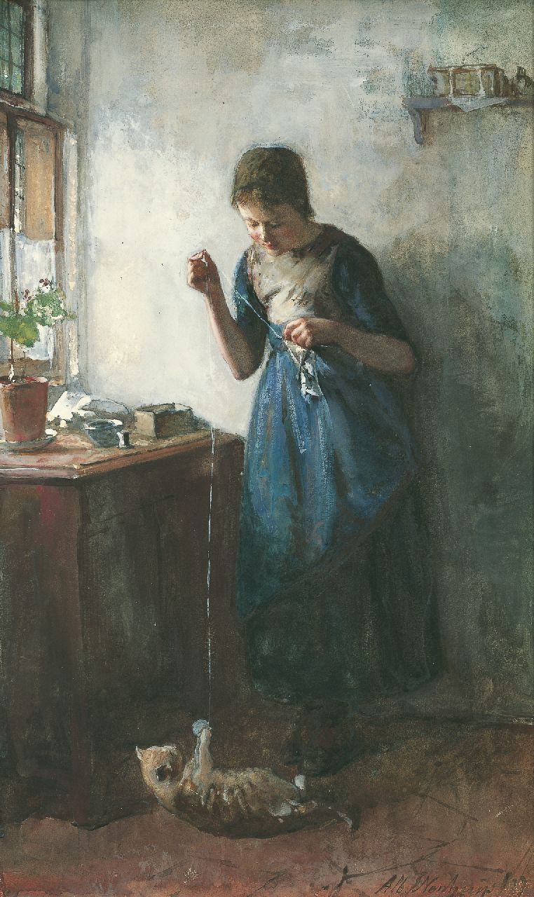 Neuhuys J.A.  | Johannes 'Albert' Neuhuys, A girl playing with the cat, watercolour on paper 47.5 x 29.0 cm, signed l.r. and dated '77