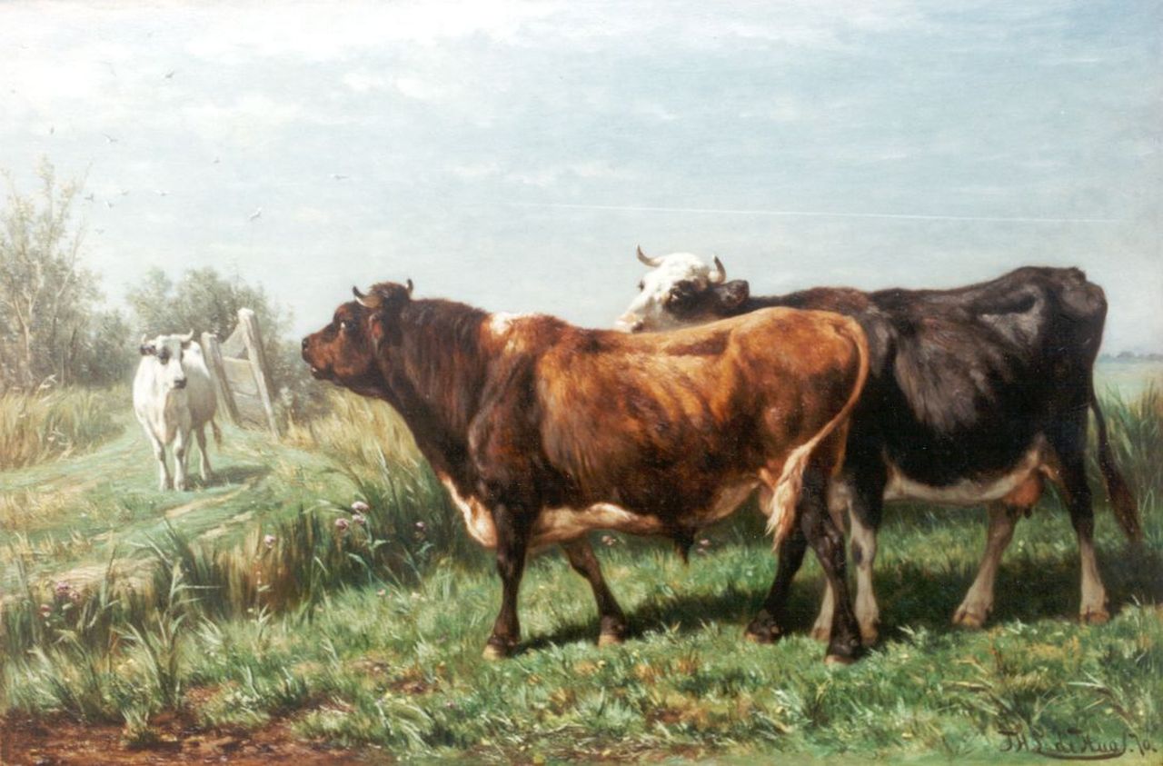 Haas J.H.L. de | Johannes Hubertus Leonardus de Haas, Cows in a Meadow, oil on panel 36.8 x 55.1 cm, signed l.r. and l.r. and dated 1870 on the reverse