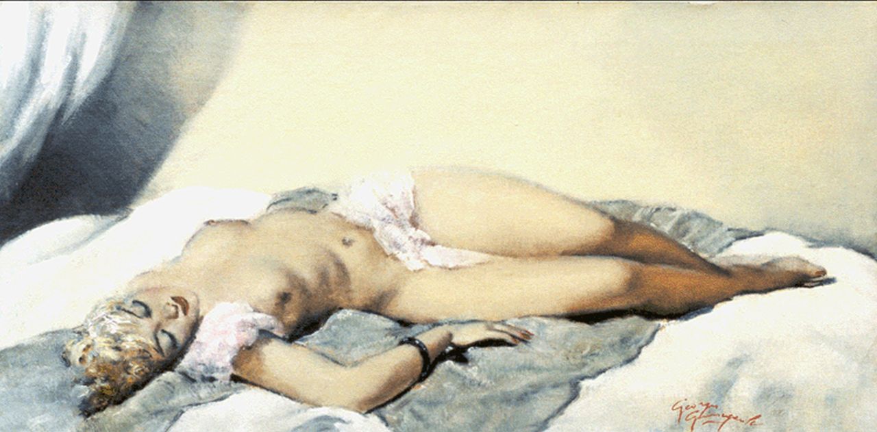 Guinegault G.P.  | Georges Pierre Guinegault, Reclining nude, oil on canvas 40.2 x 81.5 cm, signed l.r.