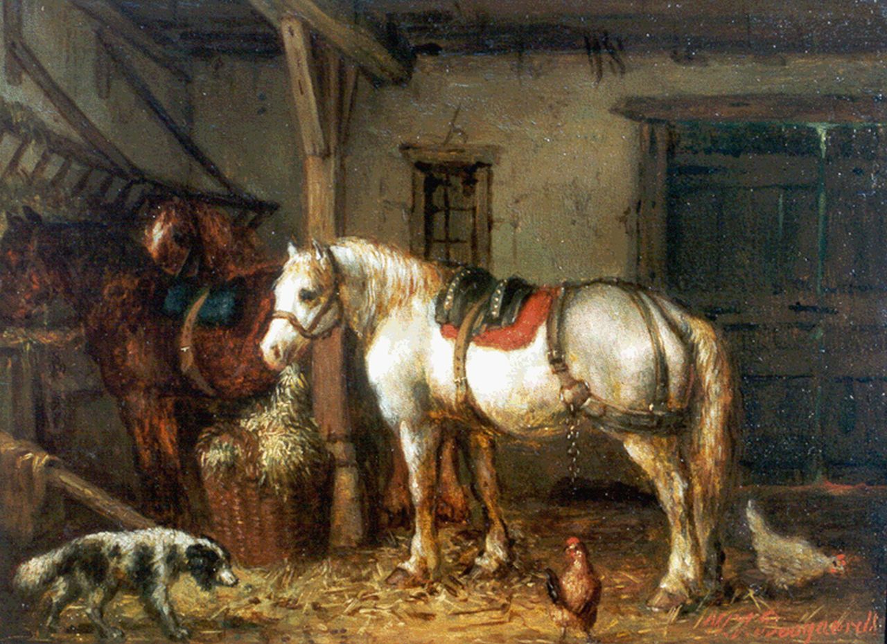 Boogaard W.J.  | Willem Johan Boogaard, Horses in a stable, oil on panel 16.1 x 22.0 cm, signed l.r.