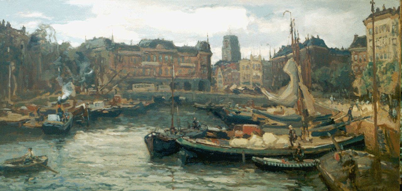 Moll E.  | Evert Moll, The Oude Haven, Rotterdam, with the 'Plan C- gebouw), oil on canvas 76.3 x 151.6 cm, signed l.r.