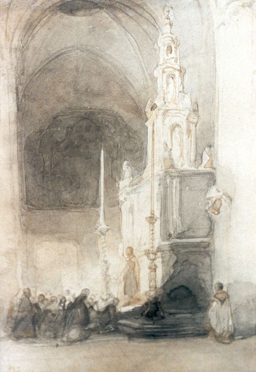 Bosboom J.  | Johannes Bosboom, At the church service, watercolour on paper 14.5 x 10.5 cm, signed l.l.