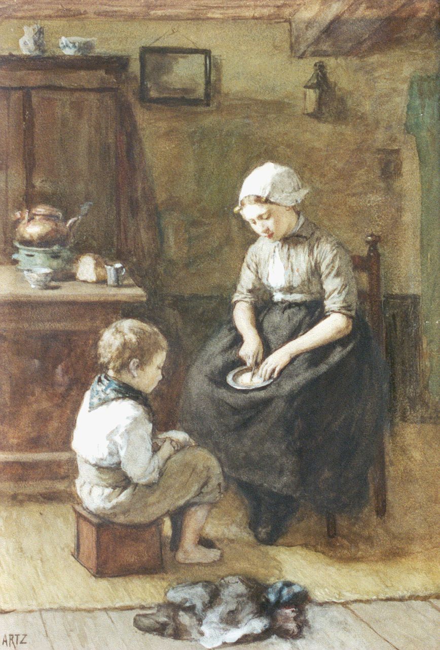 Artz D.A.C.  | David Adolphe Constant Artz, Dinner-time, watercolour on paper 52.4 x 35.4 cm, signed l.l.